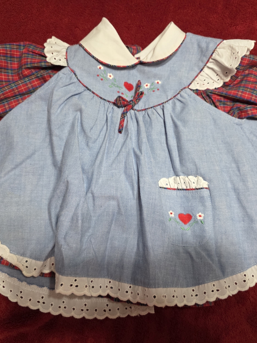Vintage Girls Blue Chambray Heart Embroidered Dress